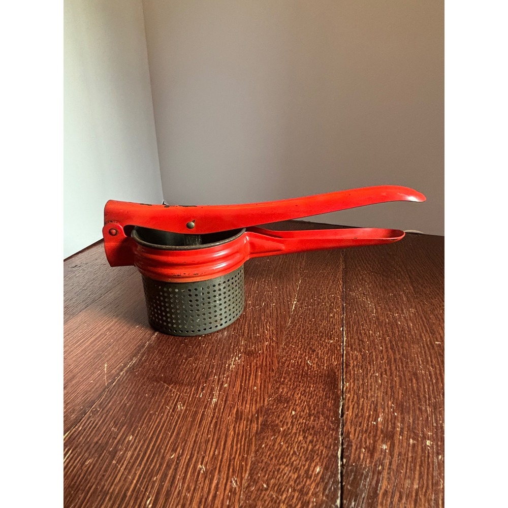 Vintage Red Enamel Potato Ricer Fruit Press Handheld Metal Kitchen Tool